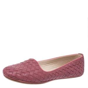 Pre Owned Bottega Veneta Dark Pink Intrecciato Leather Smoking Slippers Size 36