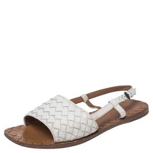 Pre Owned Bottega Veneta White Intrecciato Leather Calvados Slingback Flat Sandals Size 36