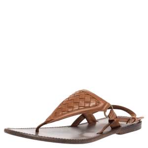 Pre Owned Bottega Veneta Brown Intrecciato Leather Thong Slingback Flat Sandal Size 39