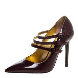 Pre Owned Bottega Veneta Burgundy Patent Leather Mary Jane Strappy Pointed Toe Pumps Size 36