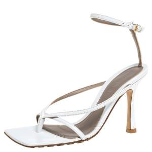 Pre Owned Bottega Veneta White Leather Stretch Ankle Strap Sandals Size 35