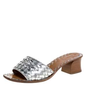 Pre Owned Bottega Veneta Silver Intrecciato Leather Ravello Slide Sandals Size 40