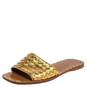 Pre Owned Bottega Veneta Bronze Metallic Leather Intrecciato Flat Slides Size 38