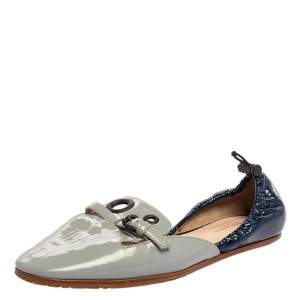 Pre Owned Bottega Veneta Blue/Grey Patent Leather Buckle Detailing Scrunch Ballet Flats Size 36