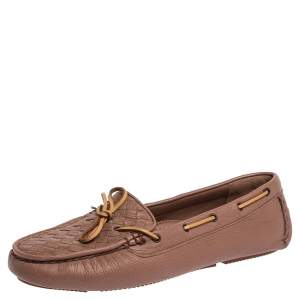 Pre Owned Bottega Veneta Pink Intrecciato Leather Bow Slip On Loafers Size 40.5