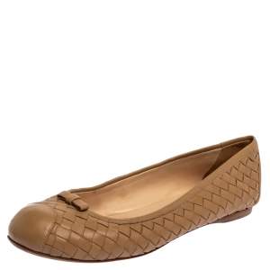 Pre Owned Bottega Veneta Beige Intrecciato Leather Bow Ballet Flats Size 39