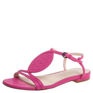 Pre Owned Bottega Veneta Pink Leather Intrecciato Ankle Strap Flat Sandals Size 36