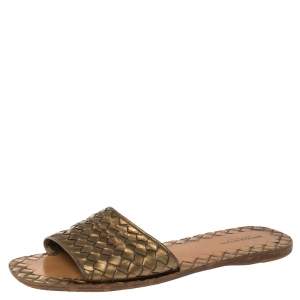 Pre Owned Bottega Veneta Gold Intrecciato Leather Ravello Sandals Size 39