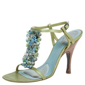 Pre Owned Bottega Veneta Green/Blue Leather Faux Pearls Embellished Open Toe Ankle Strap Sandals Size 38.5