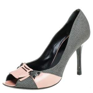 Pre Owned Bottega Veneta Black/Beige Canvas And Leather Fringe Detailed Peep Toe Pumps Size 39.5