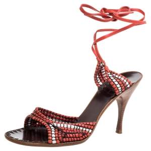 Pre Owned Bottega Veneta Red/White Leather Open Toe Tie Up Sandals Size 40