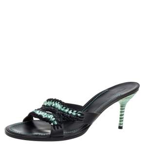 Pre Owned Bottega Veneta Green/Black Raffia And Satin Open Toe Slide Sandals Size 41