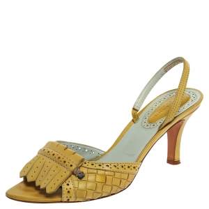 Pre Owned Bottega Veneta Yellow Intrecciato Leather Fringe Detail Open Toe Slingback Sandals Size 41