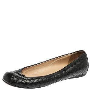 Pre Owned Bottega Veneta Black Leather Intrecciato Ballet Flats Size 39