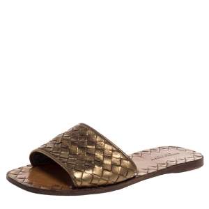 Pre Owned Bottega Veneta Bronze Metallic Intrecciato Leather Flat Slides Size 35