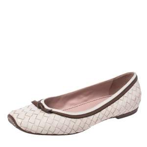 Pre Owned Bottega Veneta White Leather Intrecciato Bow Ballet Flats Size 38