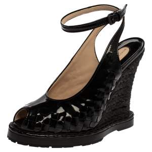 Pre Owned Bottega Veneta Black Intrecciato Patent Leather Jute Wedge Sandals Size 38