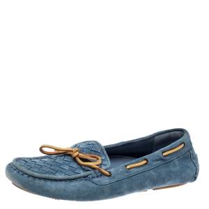 Pre Owned Bottega Veneta Blue Intrecciato Suede And Brown Leather Trim Bow Loafers Size 39