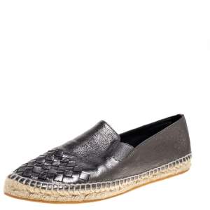 Pre Owned Bottega Veneta Metallic Intrecciato Leather Slip On Espadrille Flats Size 39