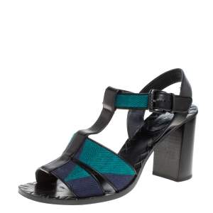 Pre Owned Bottega Veneta Black/Blue Canvas And Leather T-Strap Sandals Size 39