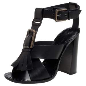 Pre Owned Bottega Veneta Black Leather Fringe Buckle Sandals Size 39