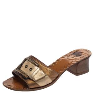 Pre Owned Bottega Veneta Metallic Block Heel Slide Sandals Size 38 