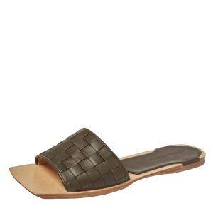 Pre Owned  Bottega Veneta Dark Olive Green Intrecciato Leather Flat Slides Size 41
