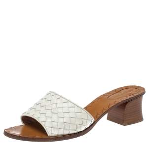 Pre Owned Bottega Veneta White Intrecciato Leather Slide Sandals Size 39.5