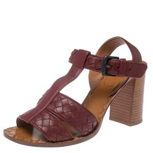 Pre Owned Bottega Veneta Burgundy Leather Intrecciato Ankle Strap Sandals Size 37