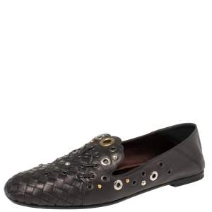 Pre Owned Bottega Veneta Metallic Black Intrecciato Leather Studded Loafers Size 39
