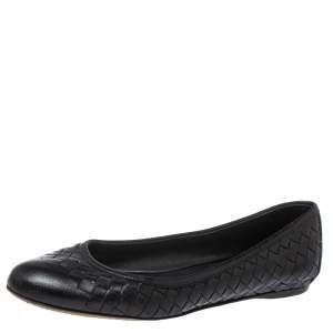 Pre Owned Bottega Veneta Black Intrecciato Leather Ballet Flats Size 39