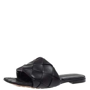 Pre Owned Bottega Veneta Black Quitled Leather Padded Slide Sandals Size 39.5