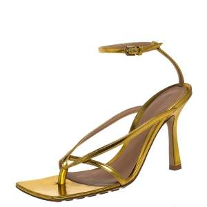 Pre Owned Bottega Veneta Metallic Gold Leather Ankle Strap Sandals Size 36.5