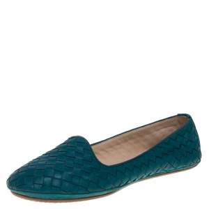 Pre Owned Bottega Veneta Blue Intrecciato Leather Smoking Slippers Size 37.5