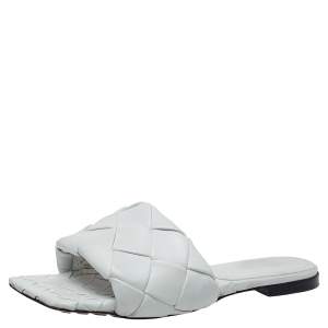 Pre Owned Bottega Veneta White Leather Lido Flat Slides Size 40