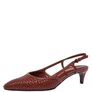 Pre Owned Bottega Veneta Burgundy  Leather Woven  Slingback Sandals Size 38 