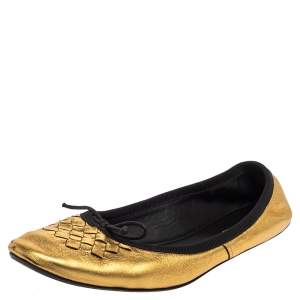 Pre Owned Bottega Veneta Gold Leather Ballet Flats Size 39