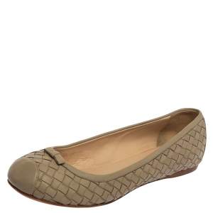 Pre Owned Bottega Veneta Beige Intrecciato Leather Bow Ballet Flats Size 39