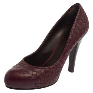 Pre Owned Bottega Veneta Burgundy Leather Intrecciato  Platform Pumps Size 40