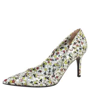 Pre Owned Bottega Veneta Multicolor Woven Leather Floral Print Intrecciato Pointed Toe Pumps Size 39