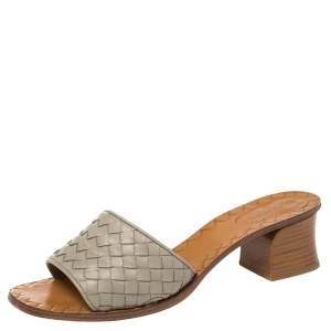 Pre Owned Bottega Veneta Grey Intrecciato Leather Ravello Slide Sandals Size 39.5