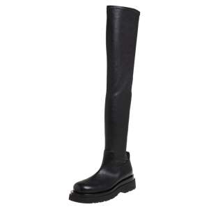 Pre Owned Bottega Veneta Black Leather Lug Sole Over The Knee Boots Size 39.5