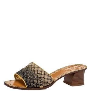 Pre Owned Bottega Veneta Black/Gold Chain Stitch Fabric Intrecciato Slide Sandals Size 40 (Only for Dubai customers)