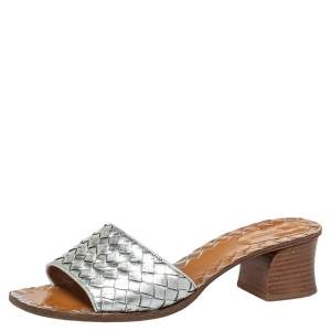 Pre Owned Bottega Veneta Silver Intrecciato Leather Slide Sandals Size 39.5