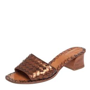 Pre Owned Bottega Veneta Metallic Bronze Intrecciato Leather Ravello Slide Sandals Size 40