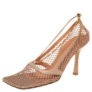 Pre Owned Bottega Veneta Stretch Mesh And Leather Square Toe Pumps Size 39
