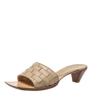 Pre Owned Bottega Veneta Beige Intrecciato Leather Square Toe Slide Sandals Size 39
