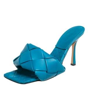 Pre Owned Bottega Veneta Blue Intrecciato Leather Lido Slide Sandals Size 39.5