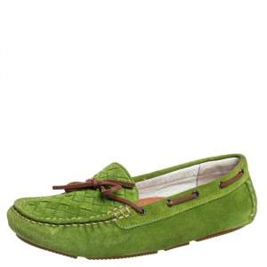Bottega Veneta Green Intrecciato Suede Bow Slip on Loafers Size 38