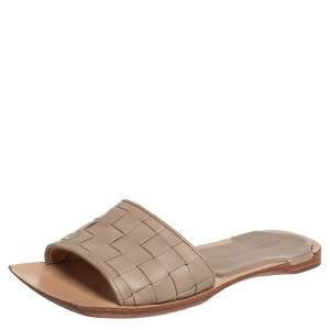 Pre Owned Bottega Veneta Beige Intrecciato Leather Slide Sandals Size 35